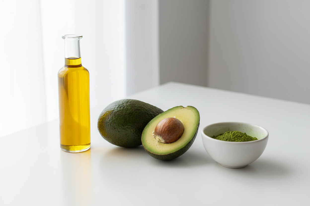 avocado, matcha en olijfolie op een tafel met een witte achtergrond.